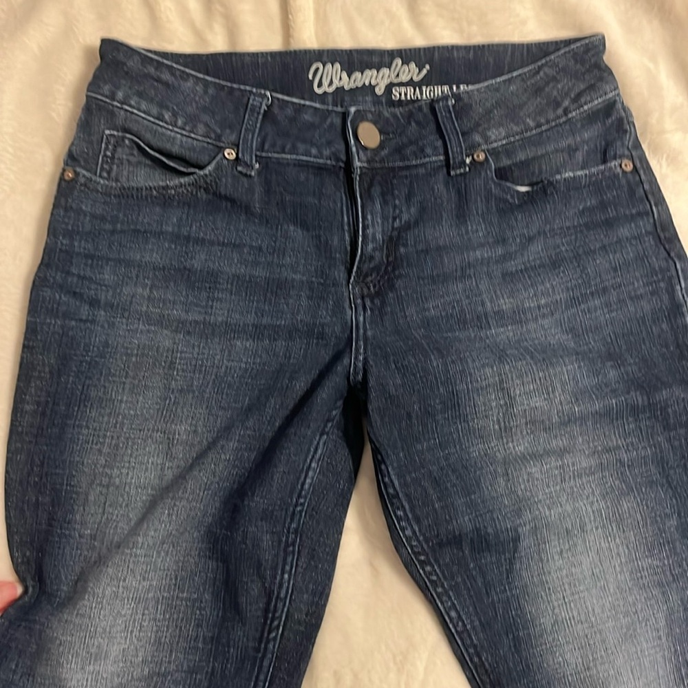 34” inseam Wrangler straight led dark wash jeans